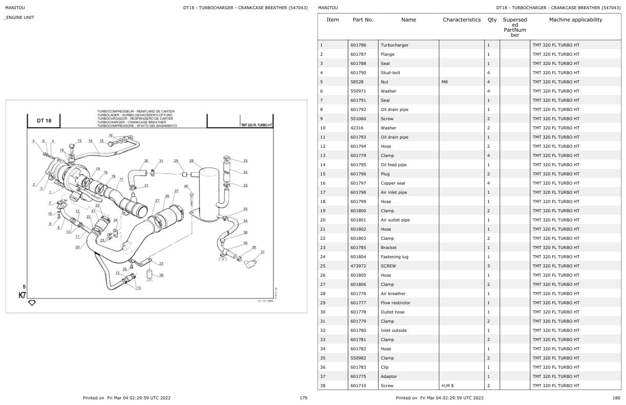 Manitou Telehandler TMT320 FL TURBO Parts Catalog 547043
