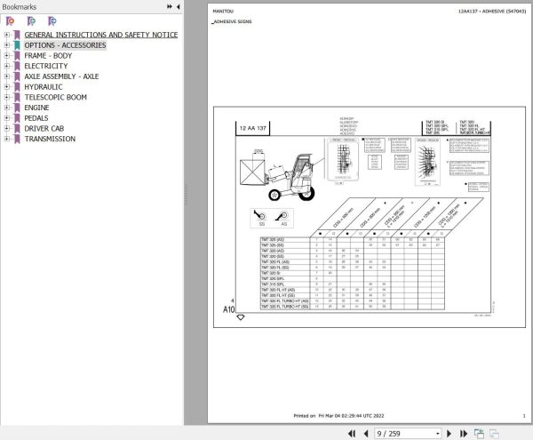 Manitou Telehandler TMT320 FL TURBO Parts Catalog 547043 1