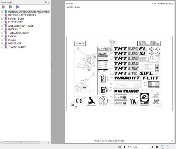 Manitou Telehandler TMT320 Parts Catalog 1