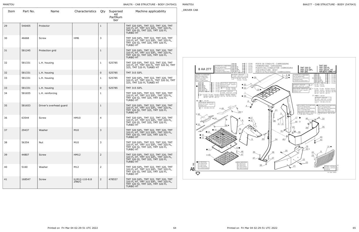 Manitou Telehandler TMT320 SI Parts Catalog 547043