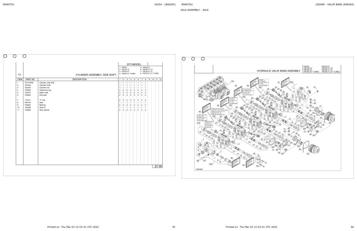 Manitou Telehandler TMT55 FL HT Parts Catalog 806265