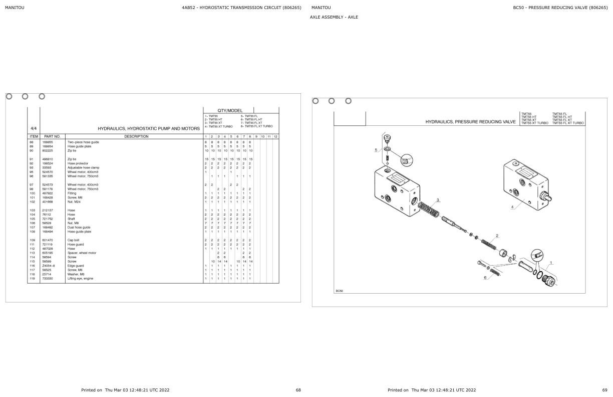 Manitou Telehandler TMT55 FL Parts Catalog 806265