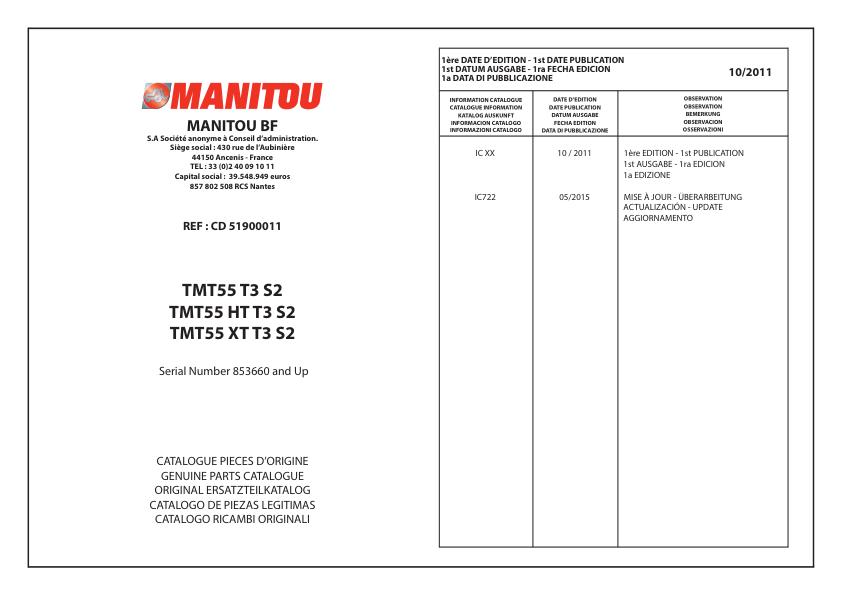 Manitou Telehandler TMT55 to TMT55 XT T3 S2 Parts Catalog CD51900011 1