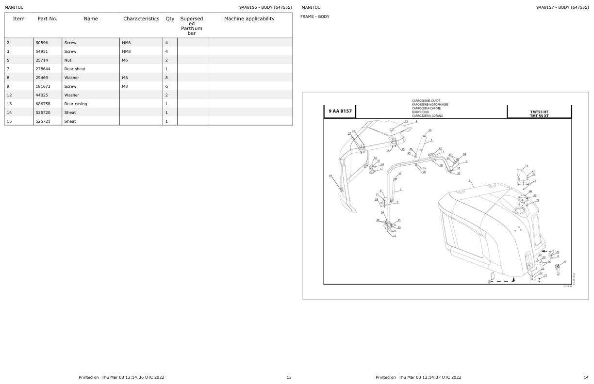Manitou Telehandler TMT55XT Parts Catalog 647555
