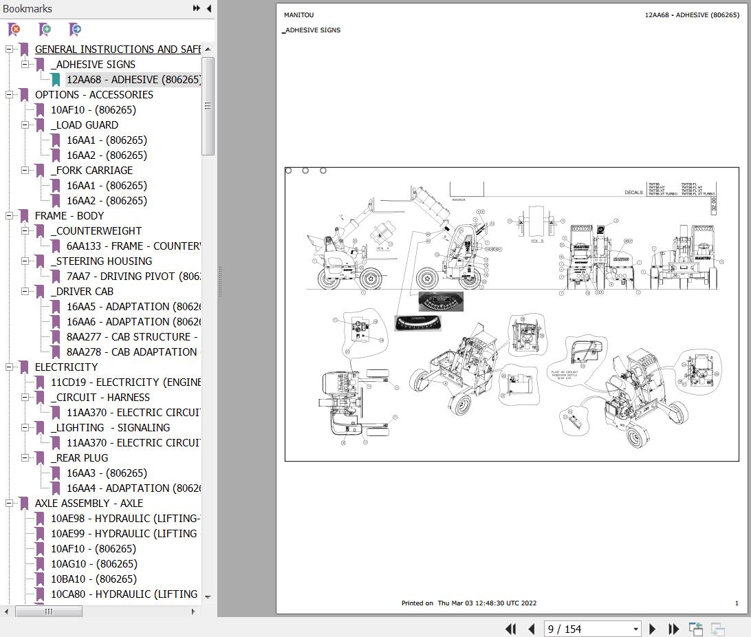 Manitou Telehandler TMT55XT TURBO Parts Catalog 806265 1