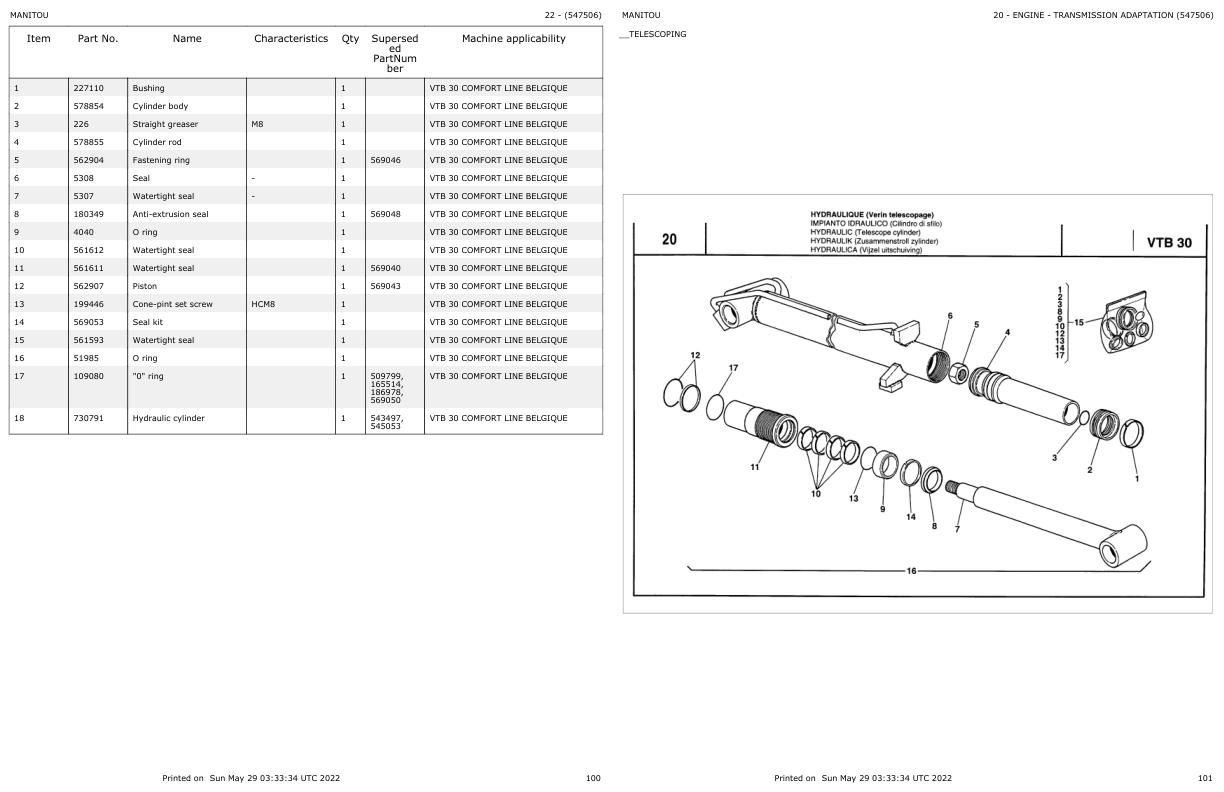 Manitou Telehandler VTB 30 COMFORT LINE BELGIQUE Parts Catalog 547506