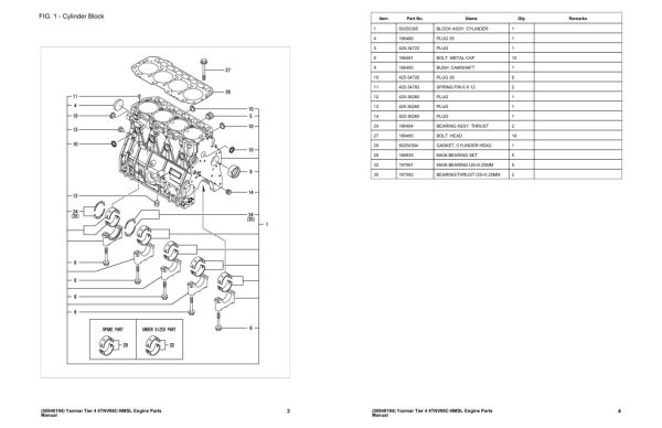 Yanmar Engine 4TNV98C XNMSL 4TNV98C NMSL Parts Manual 50940194B 1