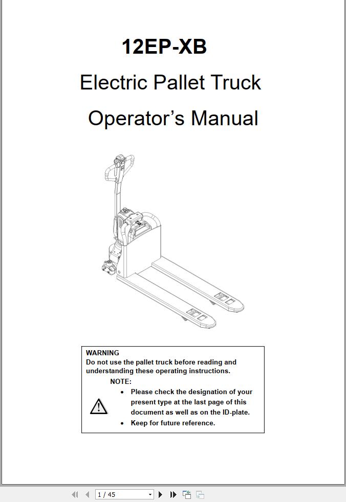 Hyundai Electric Pallet Truck 12EP XB Operation Manual