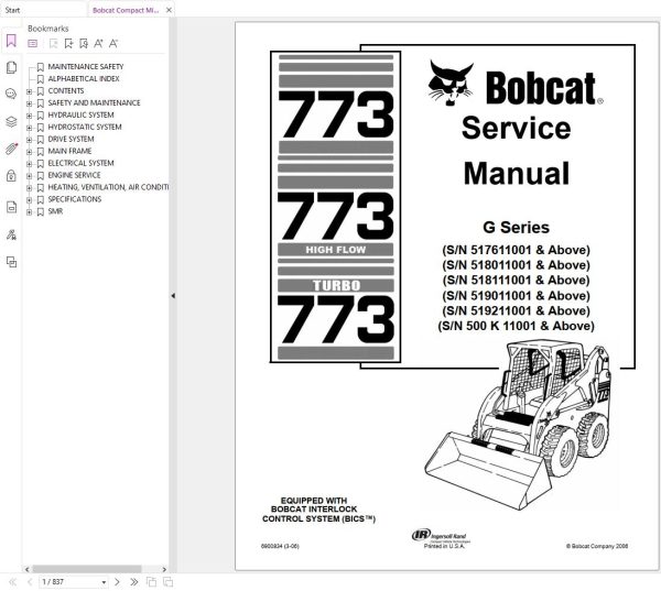 Bobcat Compact Mini Excavator 773 773HL 773T Service Manual 6900834 1