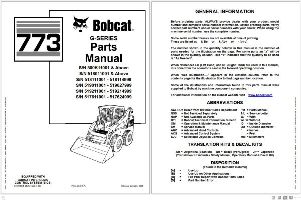 Bobcat Compact Mini Excavator 773 G Series Parts Manual 6900939 1