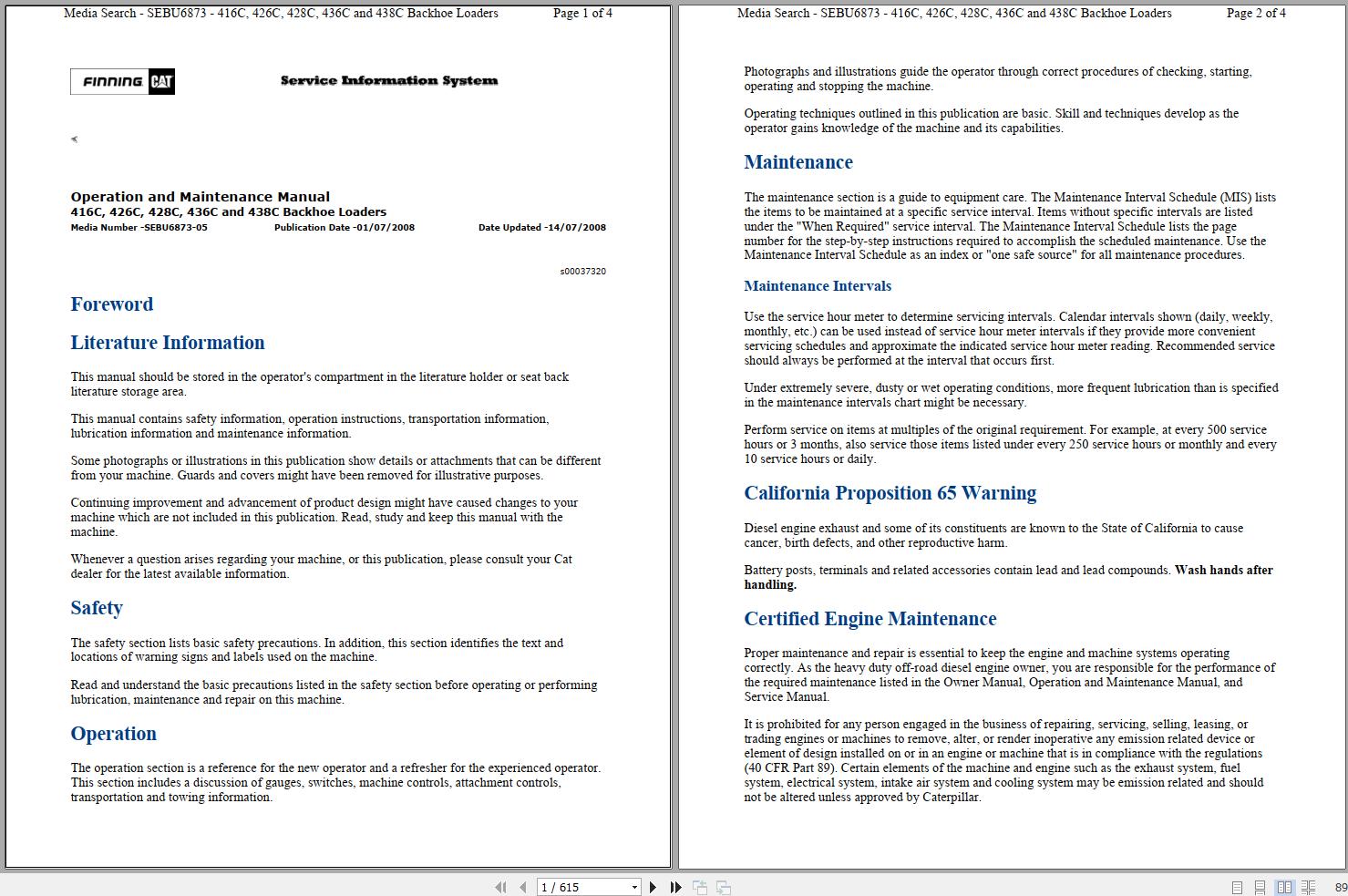 CAT Backhoe Loader 426C 1ZR Operators Service Manual and Schematics 1