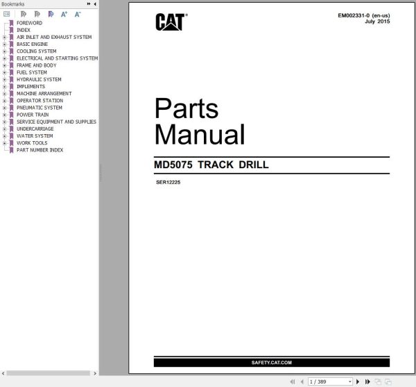 CAT Track Drill MD5075 Parts Manual EM002331 0 1