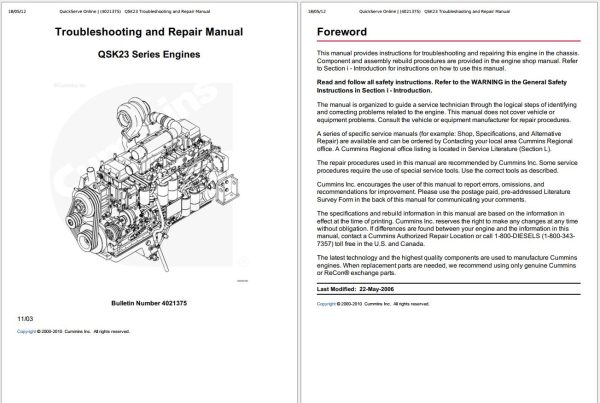 Cummins Engine QSK23 Troubleshooting Repair Manual and Wiring Diagram 1