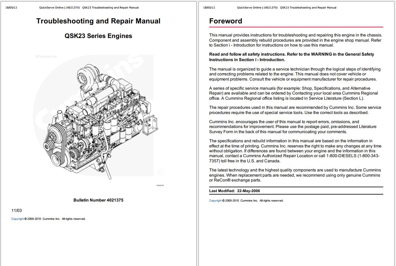 Cummins Engine QSK23 Troubleshooting Repair Manual and Wiring Diagram