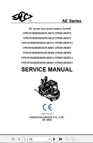 Hangcha Forklift 1.5t 3.5t CPD15 AEY2 to CPD20 AEXD2 I Service Manual 2020 EN 1