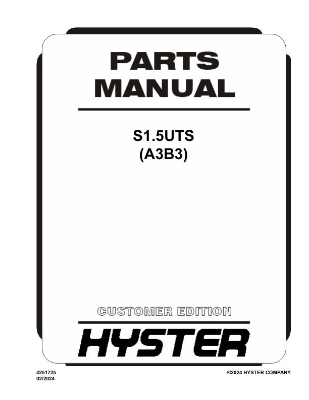 Hyster Forklift A3B3 S1.5UTS Parts Manual 4251725 02 2024