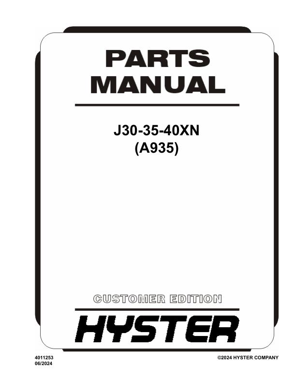 Hyster Forklift A935 J30XN J35XN J40XN Parts Manual 4011253 06 2024