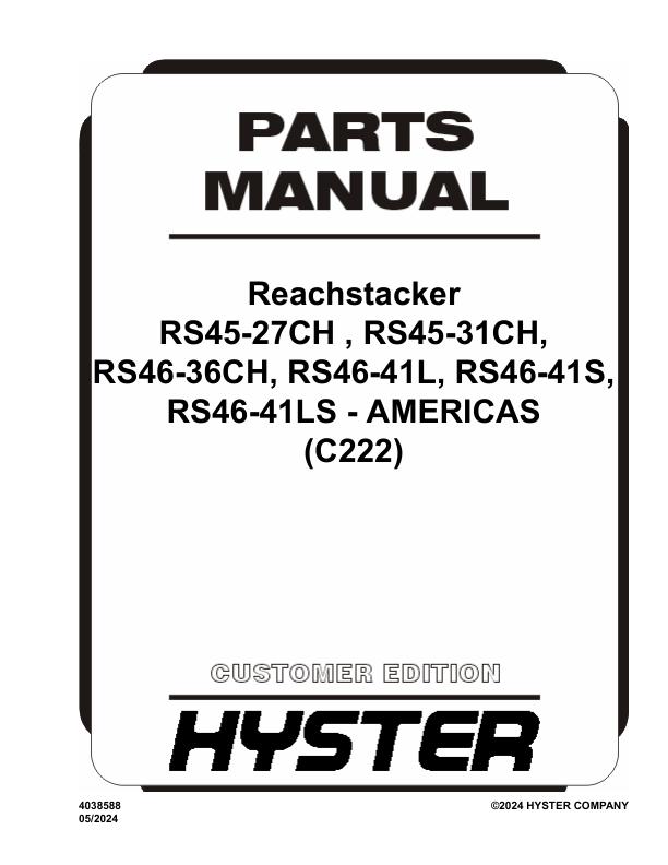 Hyster Forklift C222 Reachstacker RS45 27CH to RS46 41LS Americas Parts Manual 4038588 05 2024