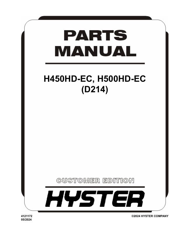 Hyster Forklift D214 H450HD EC H500HD EC Parts Manual 4121172 05 2024