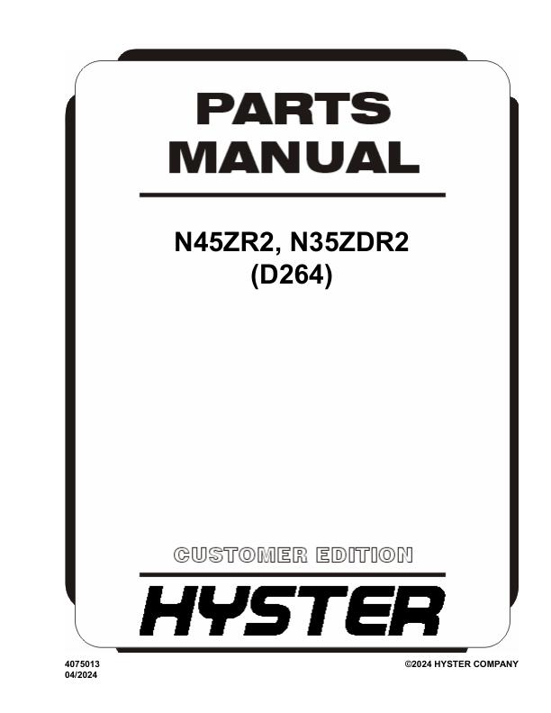 Hyster Forklift D264 N45ZR2 N35ZDR2 Parts Manual 4075013 04 2024