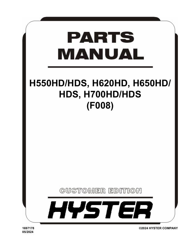 Hyster Forklift F008 H550HD to H700HDS Parts Manual 1697178 05 2024