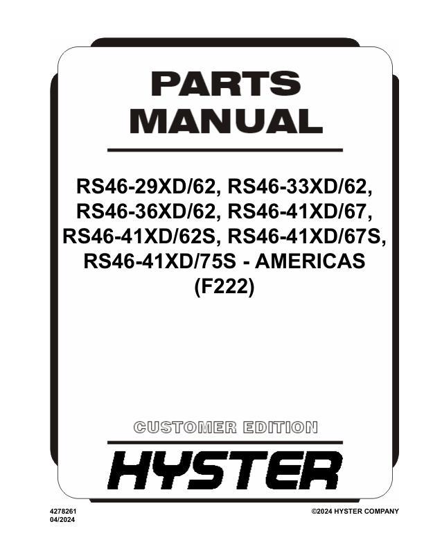 Hyster Forklift F222 RS46 29XD to RS46 41XD Americas Parts Manual 4278261 04 2024