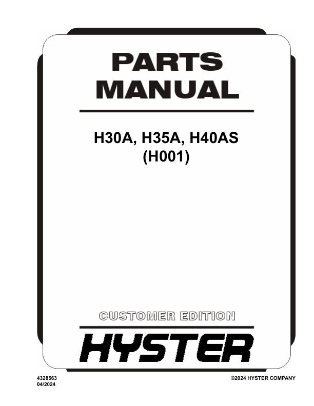 Hyster Forklift H001 H30A H35A H40AS Parts Manual 4328563 04 2024