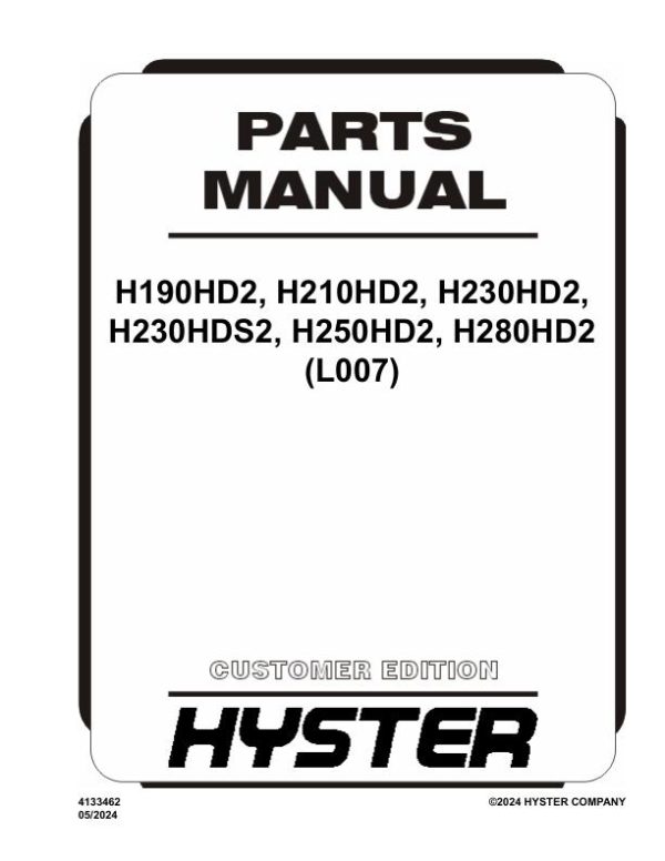 Hyster Forklift L007 H190 to H280 Parts Manual 4133462 05 2024