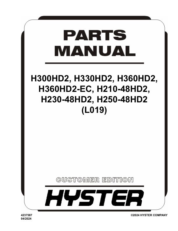 Hyster Forklift L019 H210 to H360 Parts Manual 4237587 04 2024 Copy