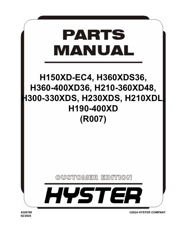 Hyster Forklift R007 H150 to H400 Parts Manual 4326708 02 2024