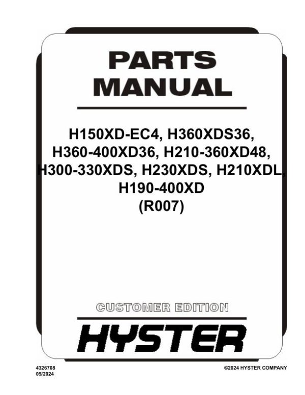 Hyster Forklift R007 H150 to H400 Parts Manual 4326708 05 2024