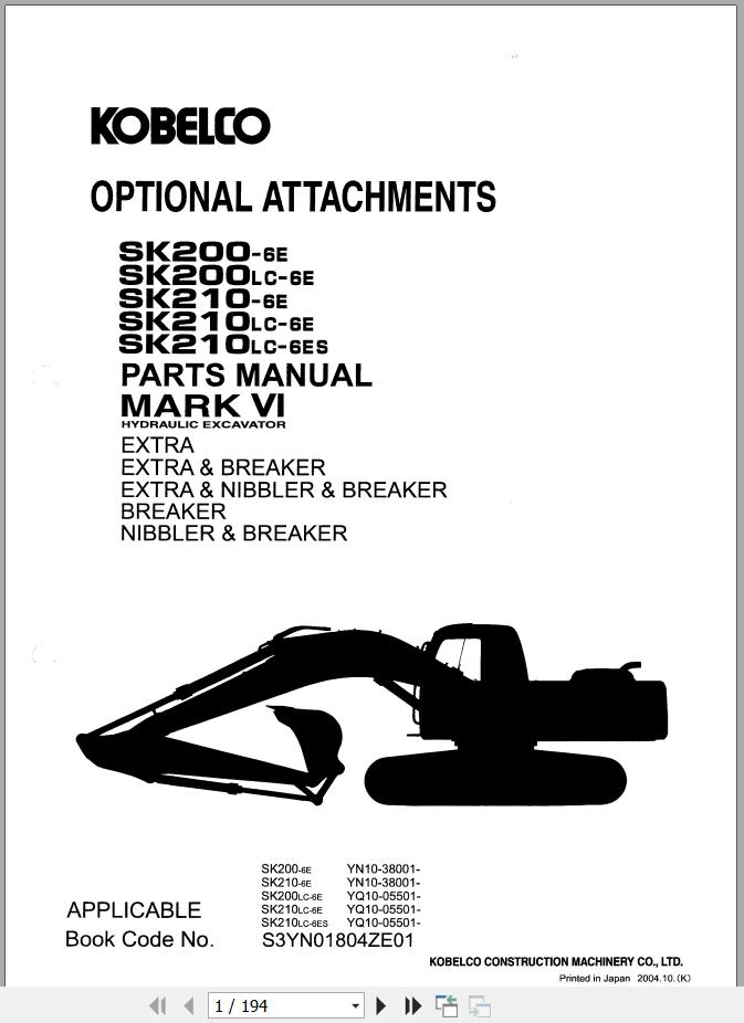 Kobelco Excavator SK200 200LC 210 210LC 6E 210LC 6ES Parts Manual S3YN01804ZE01 1