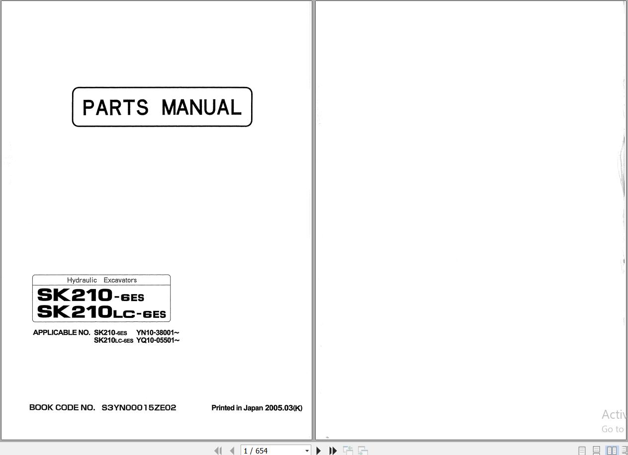 Kobelco SK210 6ES 210LC 6E Hydraulic Excavator Parts Manual S3YN00015ZE02 1