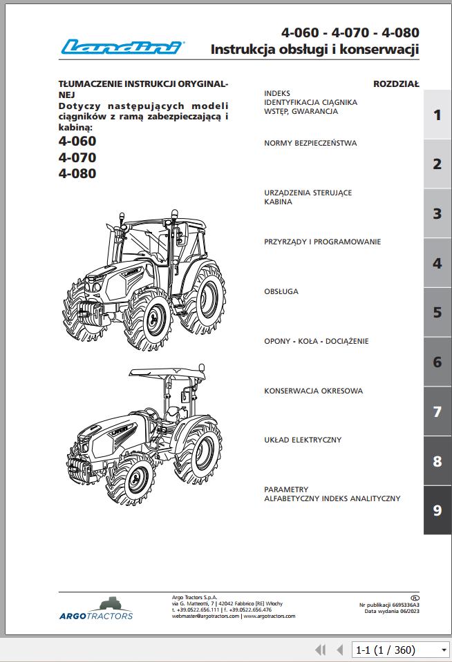 Landini Tractor 4 060 4 070 4 080 Operation and Maintenance Manual 6695336A3 PL 1