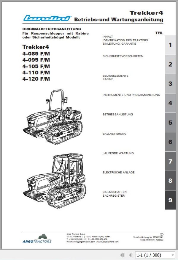 Landini Tractor 4 085 F M to 4 120 F M Operator Maintenance Manual 6736578A1 DE 1