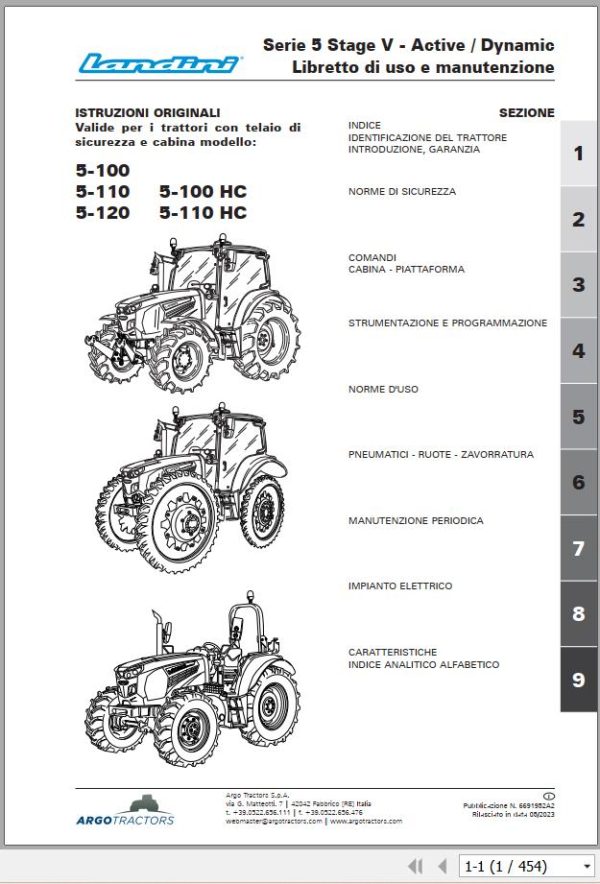 Landini Tractor 5 100 to 5 110 HC Operation and Maintenance Manual 6691952A2 IT 1