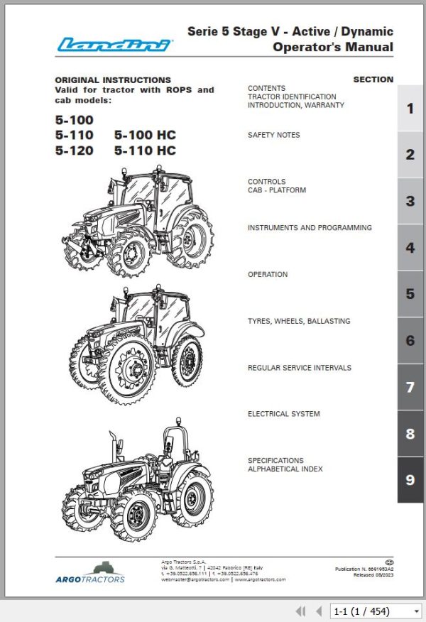 Landini Tractor 5 100 to 5 110 HC Operation and Maintenance Manual 6691953A2 EN 1