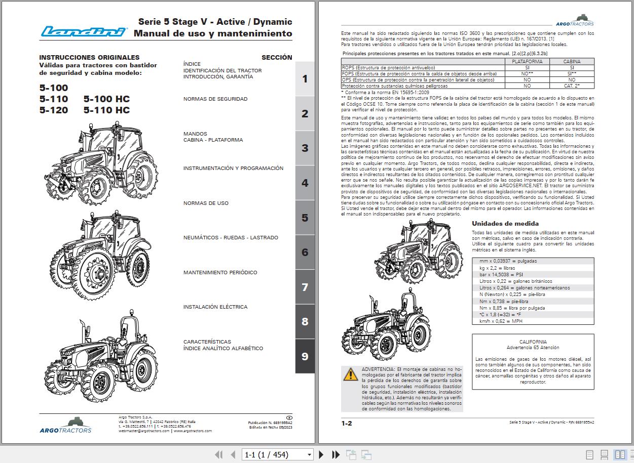 Landini Tractor 5 100 to 5 110 HC Operation and Maintenance Manual 6691955A2 ES 1
