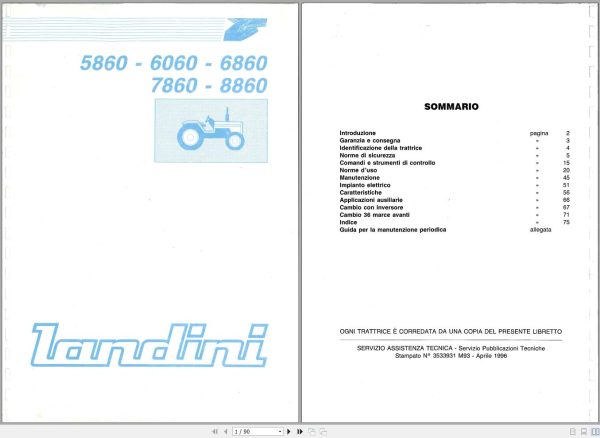 Landini Tractor 5860 to 8860 Operation and Maintenance Manual 3533931M93 IT 1