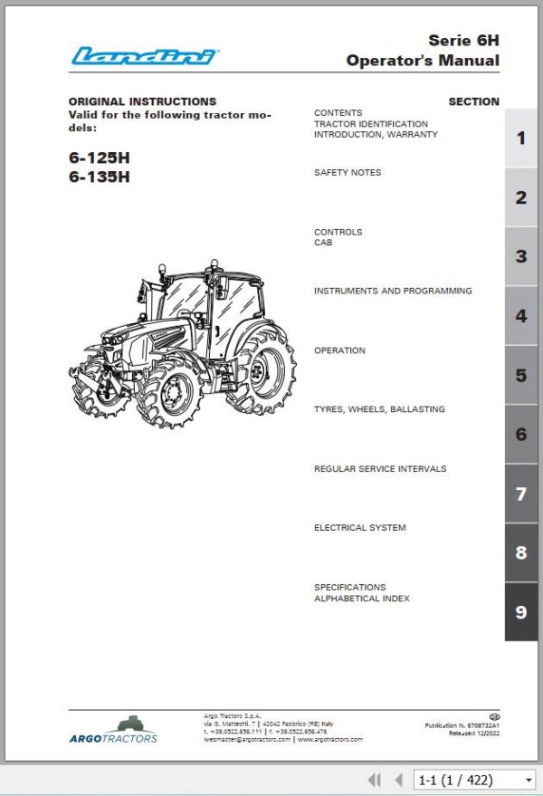 Landini Tractor 6 125H 6 135H Operation and Maintenance Manual 6708732A1 EN 1