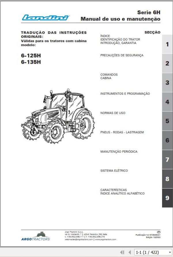 Landini Tractor 6 125H 6 135H Operation and Maintenance Manual 6728260A1 PT 1