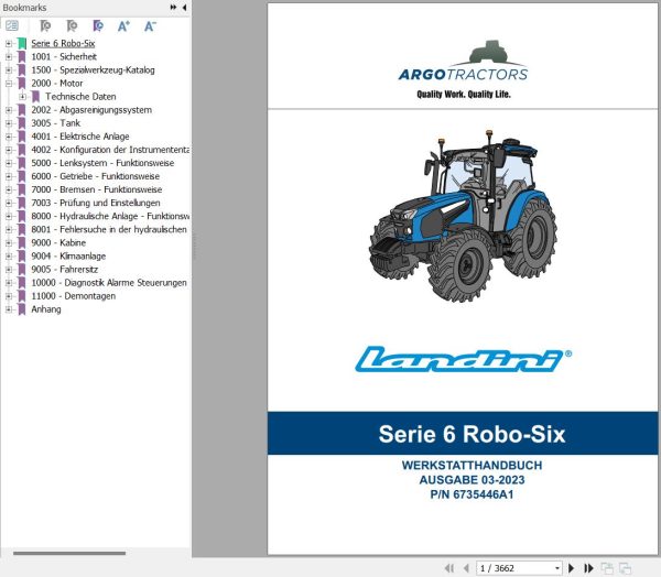 Landini Tractor 6 135 6 145 6 155 ROBO SIX Service Manual and Diagrams 6735446A1 DE 1