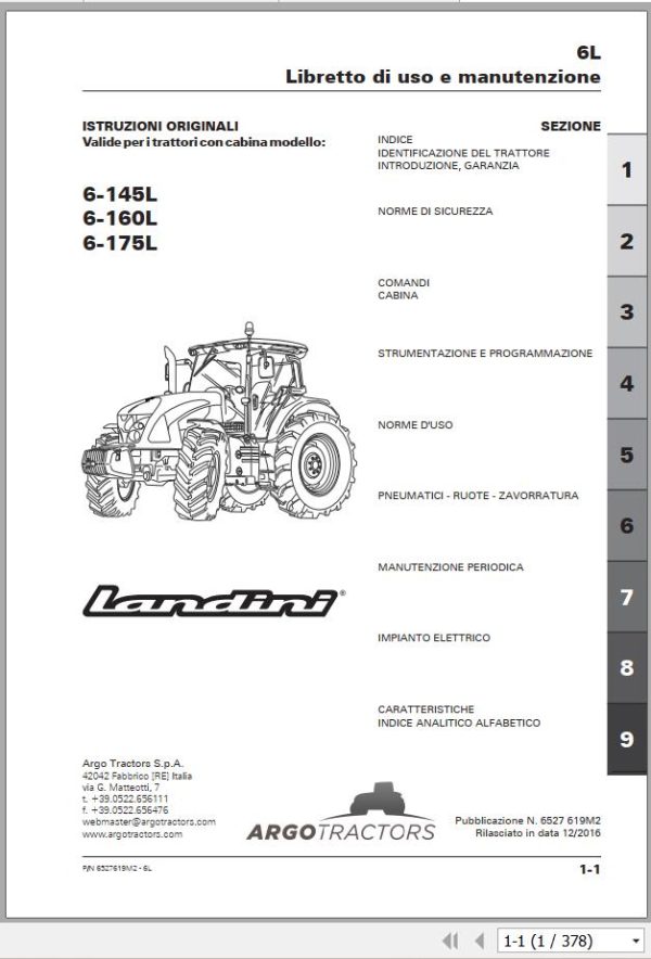 Landini Tractor 6 145L 6 160L 6 175L Operation and Maintenance Manual 6527619M2 IT 1