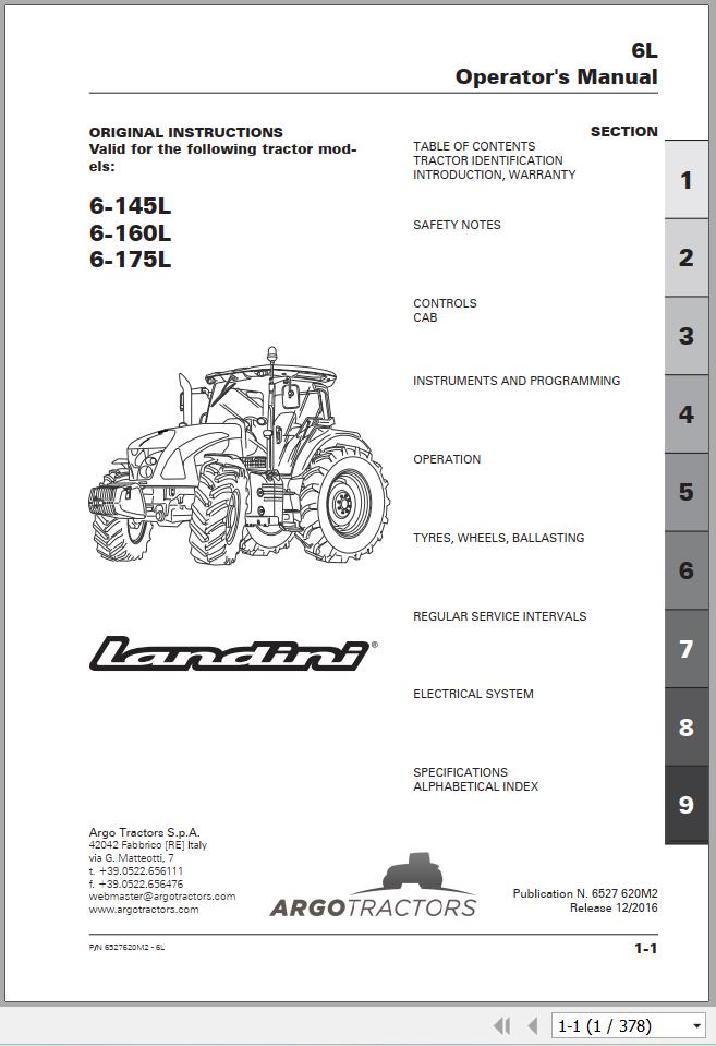 Landini Tractor 6 145L 6 160L 6 175L Operation and Maintenance Manual 6527620M2 EN 1