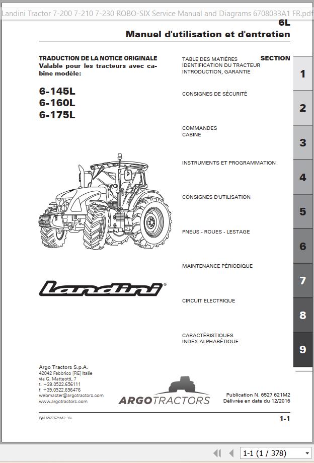 Landini Tractor 6 145L 6 160L 6 175L Operation and Maintenance Manual 6527621M2 FR 1