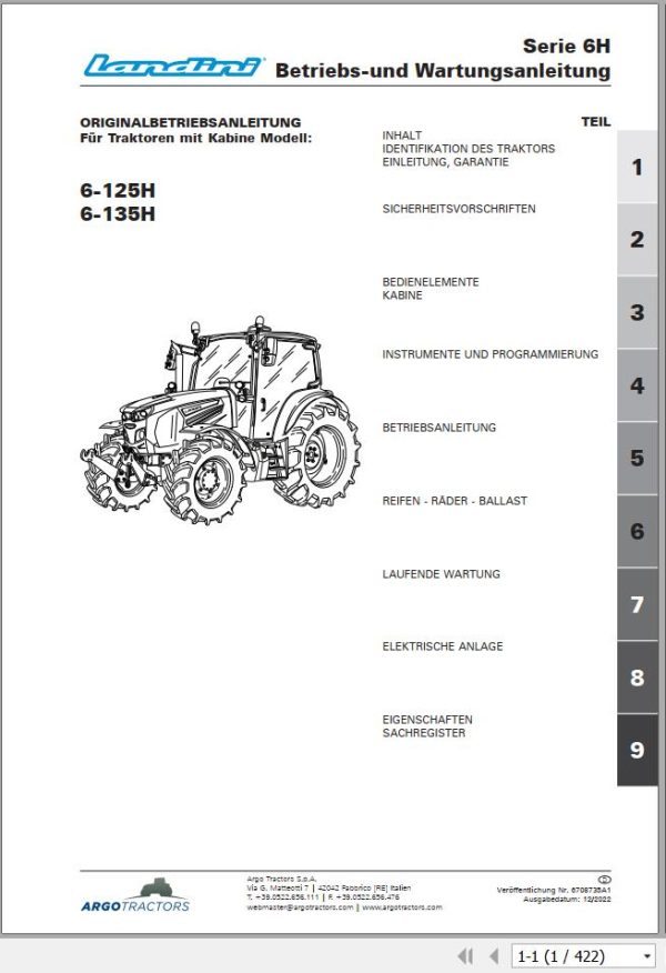 Landini Tractor 6H Series 6 125H 6 135H Operator Maintenance Manual 6708735A1 DE 1