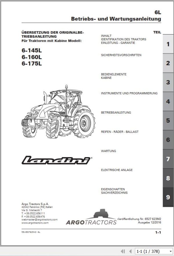 Landini Tractor 6L Series 6 145L 6 160L 6 175L Operator Maintenance Manual 6527623M2 DE 1