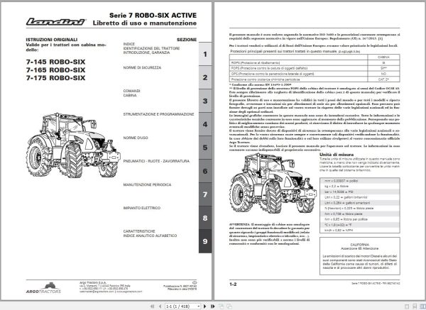 Landini Tractor 7 145 7 165 7 175 ROBO SIX ACTIVE Operation and Maintenance Manual 6627401A2 IT 1