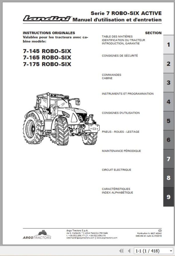 Landini Tractor 7 145 7 165 7 175 ROBO SIX ACTIVE Operation and Maintenance Manual 6627403A2 FR 1