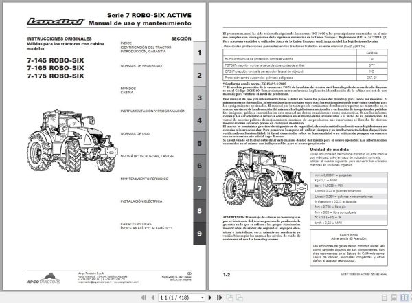 Landini Tractor 7 145 7 165 7 175 ROBO SIX ACTIVE Operation and Maintenance Manual 6627404A2 ES 1